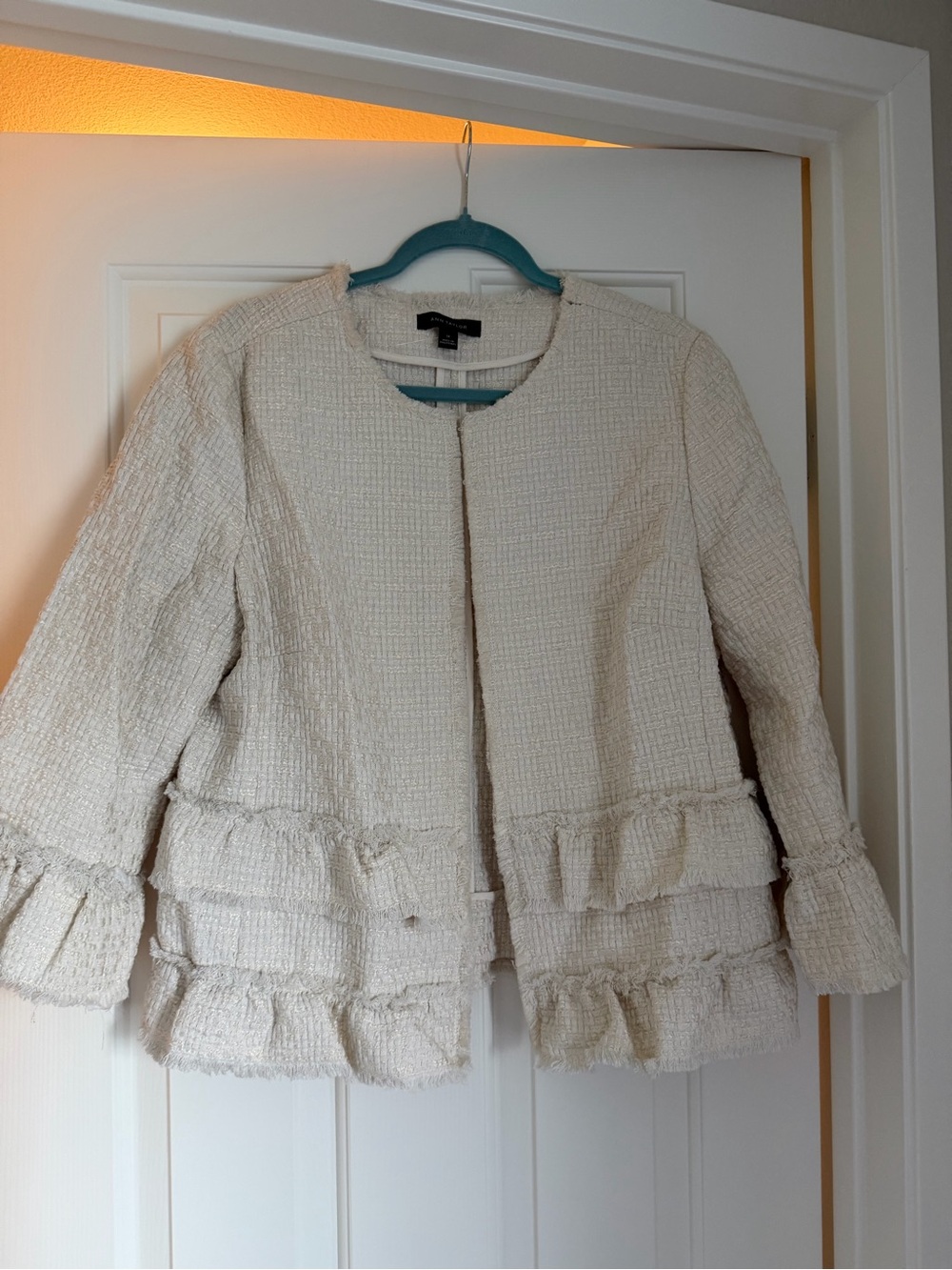 Ann Taylor Cream Textured Ruffle Jacket